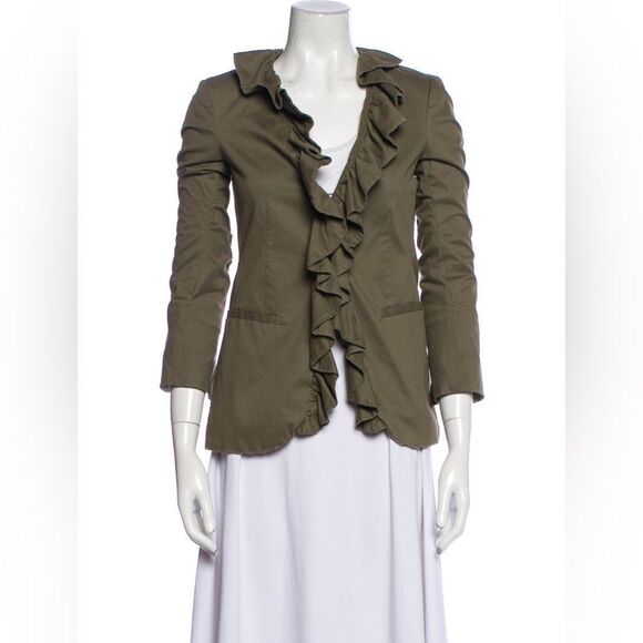 Alice + Olivia Dark Olive Blazer Medium Ruffle Embellishment & Stand Collar - Picture 1 of 11